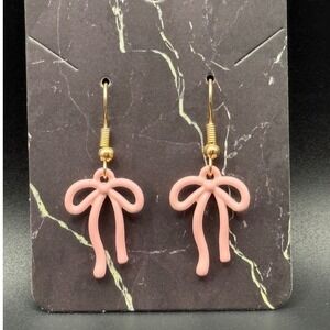 Pink Enamel Bow Dangle Earrings Gold Tone Ribbon Drop Earrings Coquette Style